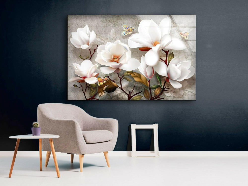 3D White Magnolia Glass Wall Art, picture on glass wall art, photos printed on glass