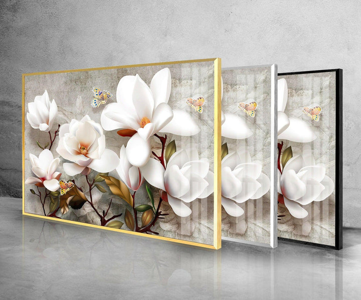 3D White Magnolia Glass Wall Art, Glass Printing Wall Art, Print photos on glass