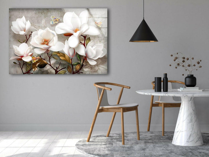 3D White Magnolia Glass Wall Art, glass pictures for Wall, glass prints wall art