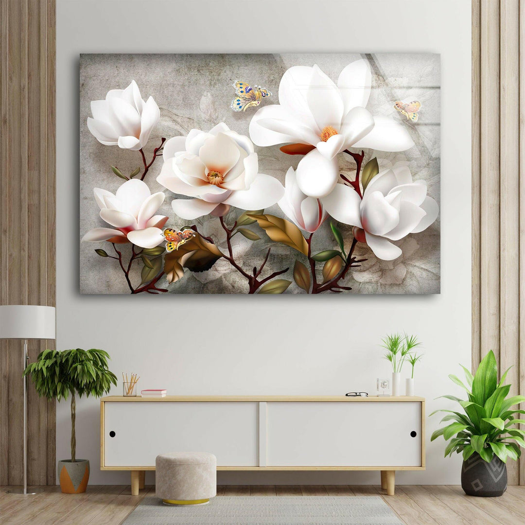 3D White Magnolia Glass Wall Art, large glass photo prints, glass wall photos