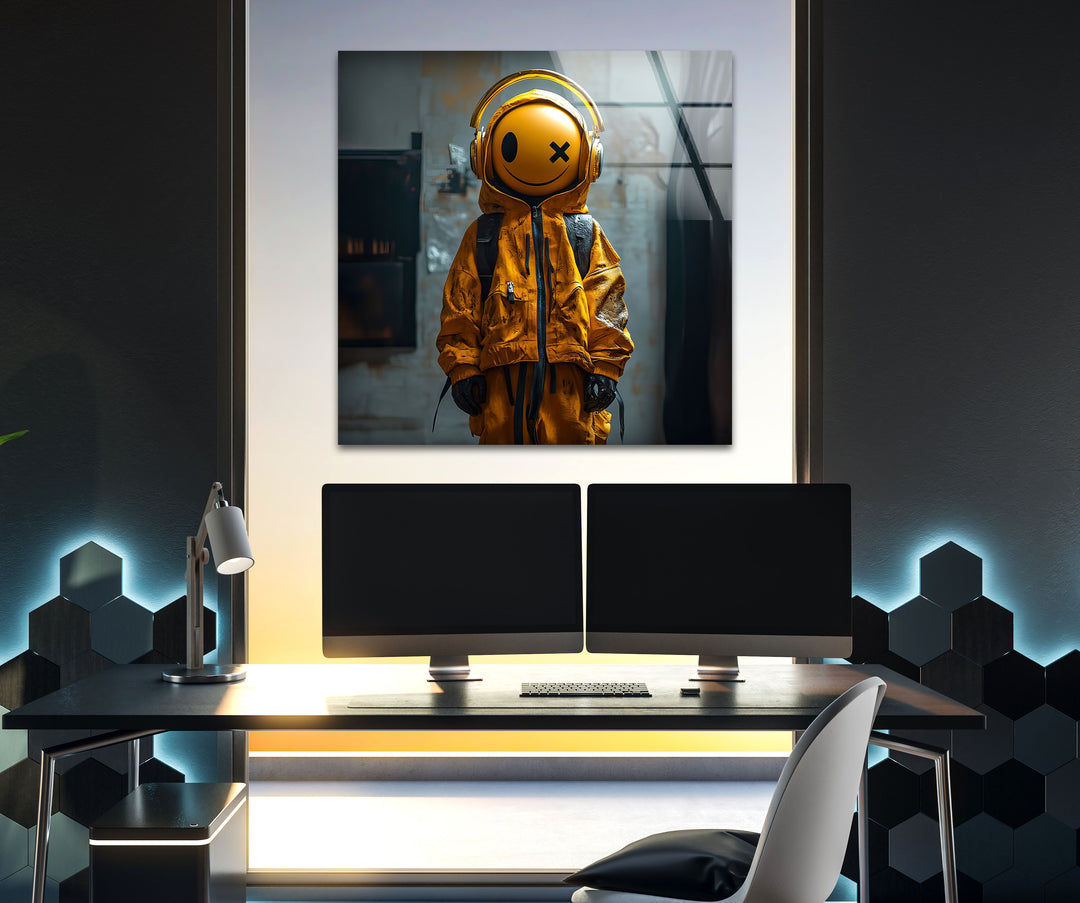 3D Animation Yellow Smile Glass Wall Art glass photo prints, glass picture prints
