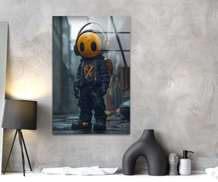 3D Animation Yellow Smile Face Glass Wall Art large glass photo prints, glass wall photos
