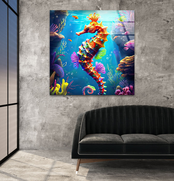 3D Cartoon Seahorse Glass Wall Art stained glass wall art, stained glass wall decor
