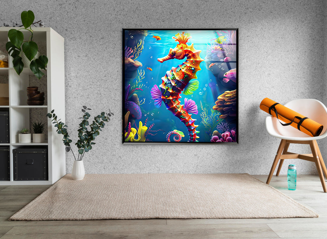 3D Cartoon Seahorse Glass Wall Art glass art painting, glass art for the Wall
