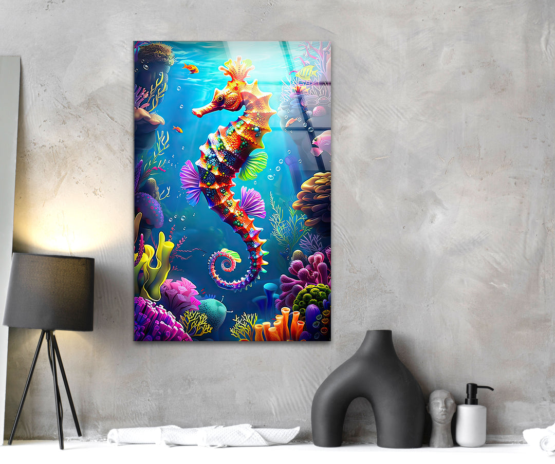 3D Cartoon Seahorse Glass Wall Art glass image printing, glass prints from photos
