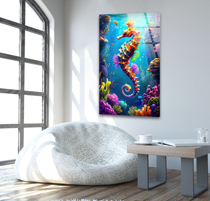 3D Cartoon Seahorse Glass Wall Art custom glass pictures, glass art prints
