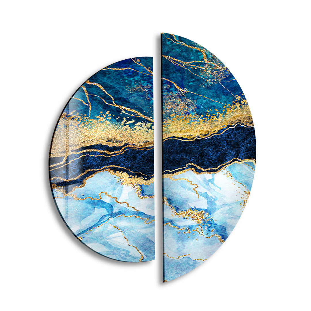 2 Piece Blue and Gold Abstract Glass Wall Art glass art painting, glass art for the Wall
