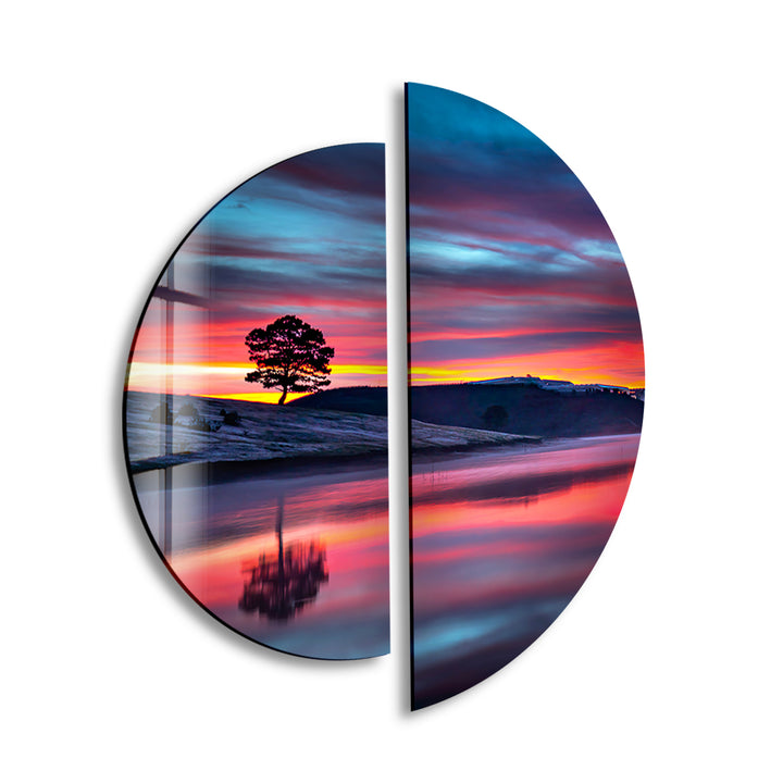 2 Piece Sunset Landscape Glass Wall Art glass art painting, glass art for the Wall
