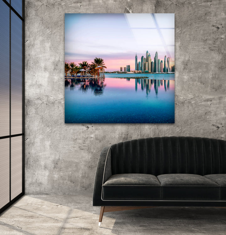 Dubai Skyline Glass Wall Art – Majestic View of Iconic Palm Jumeirah & Skyscrapers