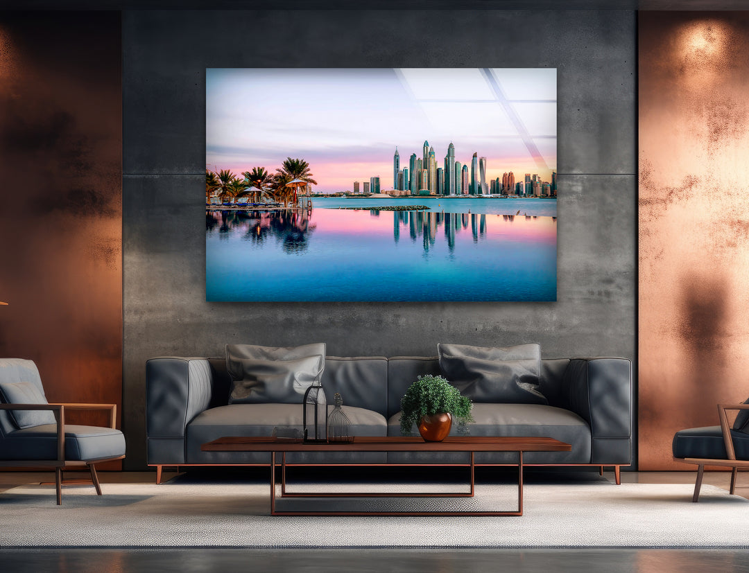 Dubai Skyline Glass Wall Art – Majestic View of Iconic Palm Jumeirah & Skyscrapers