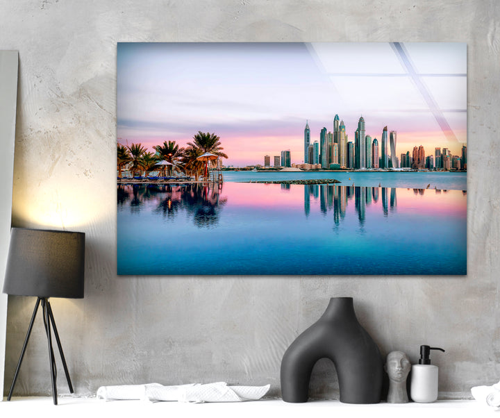 Dubai Skyline Glass Wall Art – Majestic View of Iconic Palm Jumeirah & Skyscrapers