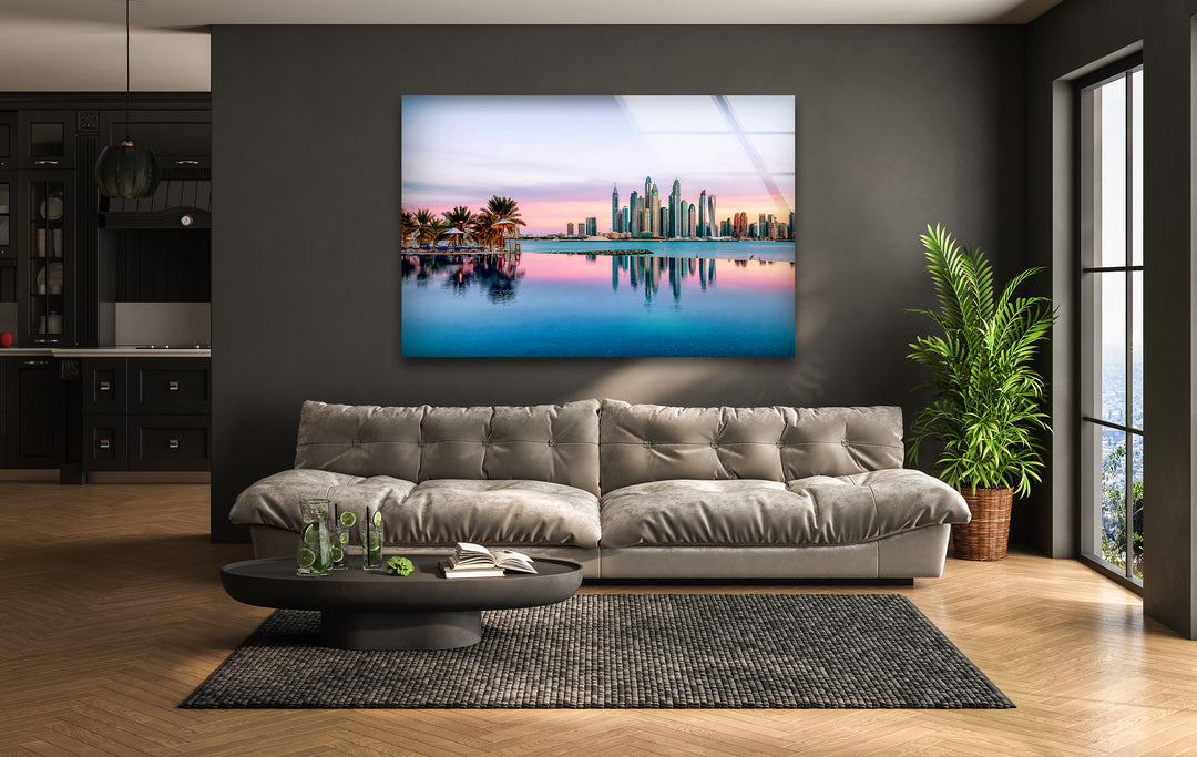 Dubai Skyline Glass Wall Art – Majestic View of Iconic Palm Jumeirah & Skyscrapers