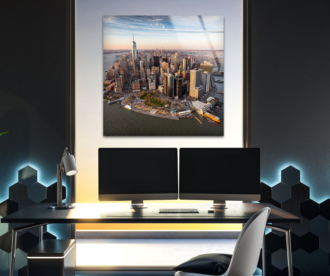 New York City Skyline Glass Wall Art – A Stunning Aerial View of Manhattan