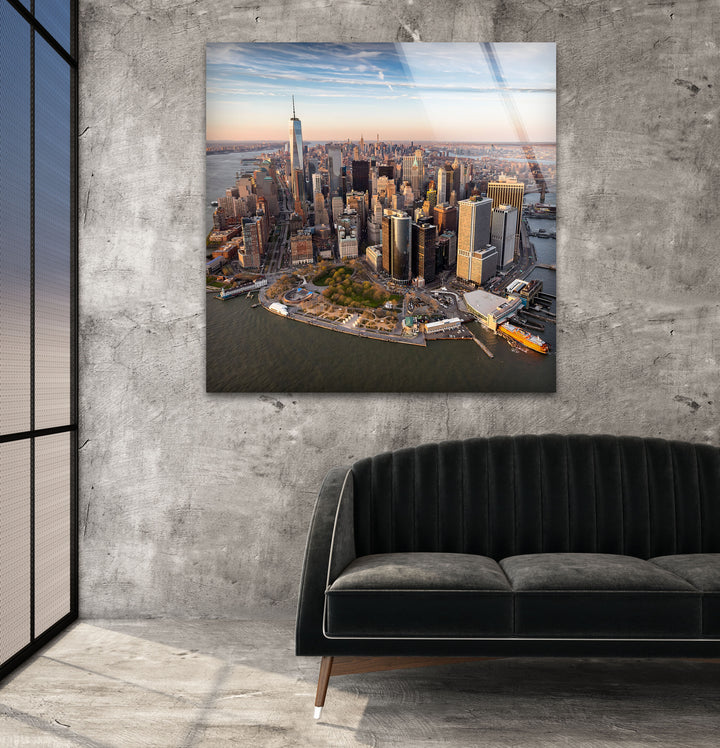 New York City Skyline Glass Wall Art – A Stunning Aerial View of Manhattan