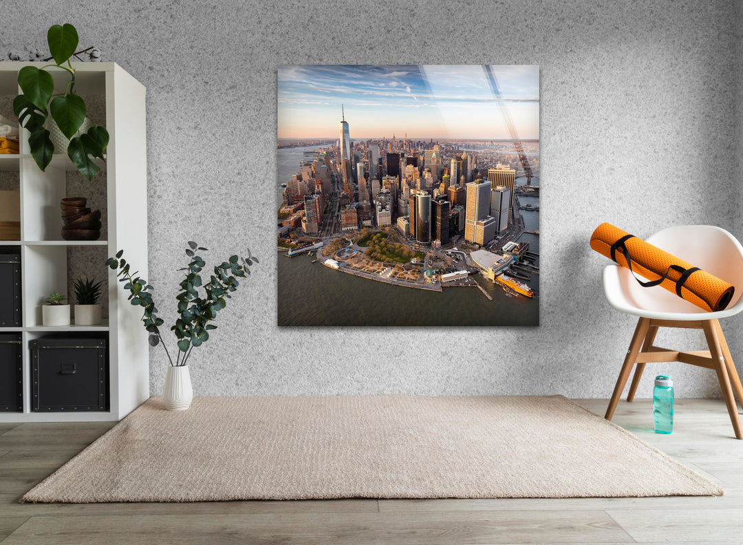 New York City Skyline Glass Wall Art – A Stunning Aerial View of Manhattan