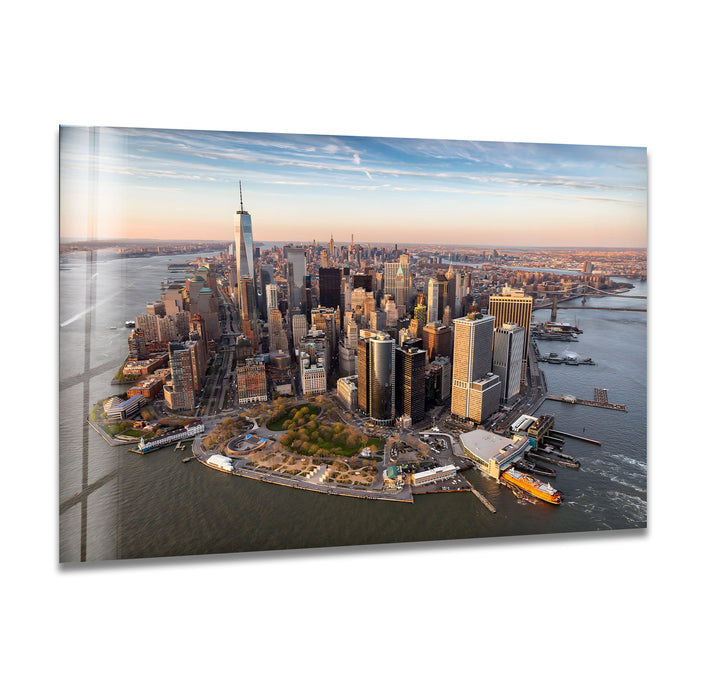 New York City Skyline Glass Wall Art – A Stunning Aerial View of Manhattan