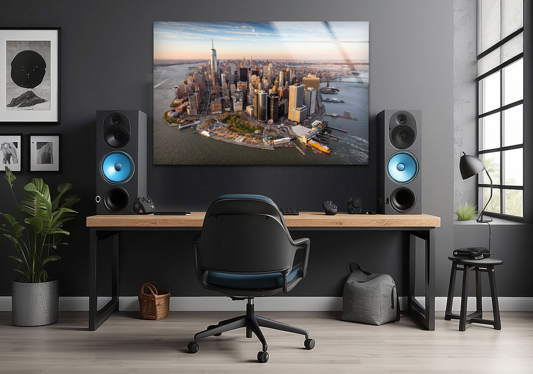 New York City Skyline Glass Wall Art – A Stunning Aerial View of Manhattan