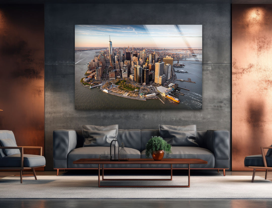 New York City Skyline Glass Wall Art – A Stunning Aerial View of Manhattan