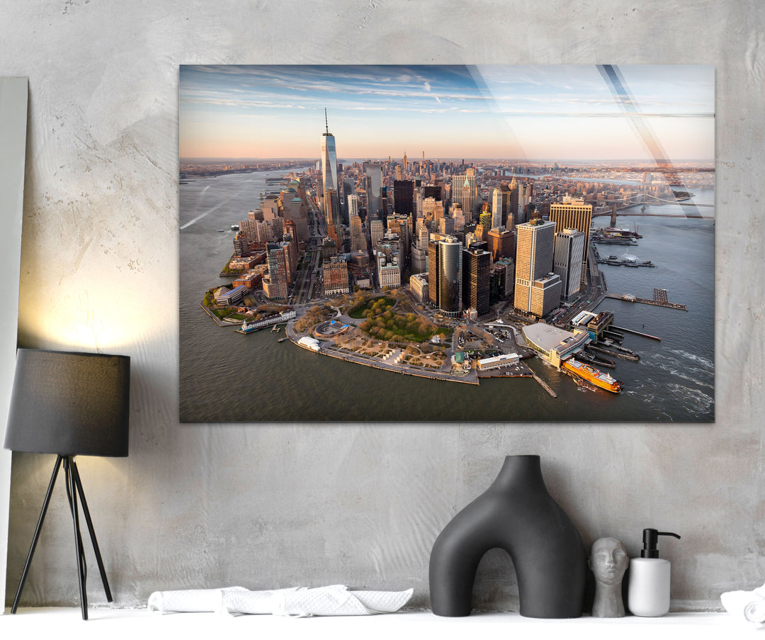 New York City Skyline Glass Wall Art – A Stunning Aerial View of Manhattan