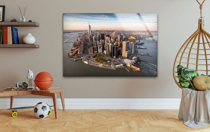 New York City Skyline Glass Wall Art – A Stunning Aerial View of Manhattan