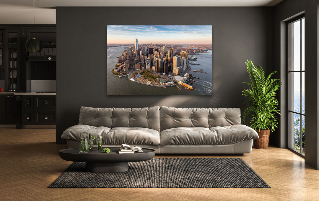 New York City Skyline Glass Wall Art – A Stunning Aerial View of Manhattan