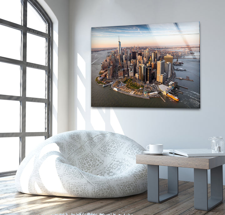 New York City Skyline Glass Wall Art – A Stunning Aerial View of Manhattan