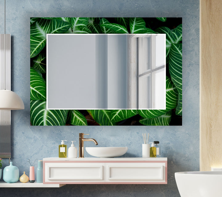 Stained Green Leafs Wall Mirror white framed mirror
