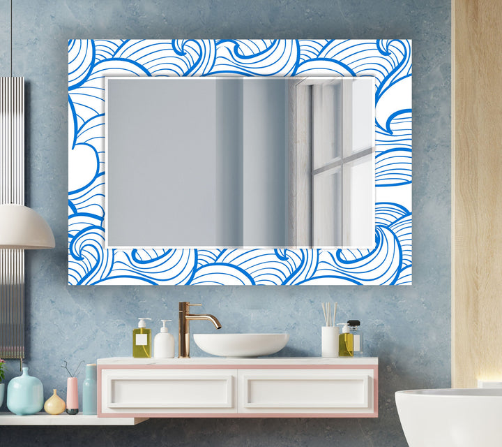 Cartoon Blue Sea Waves Wall Mirror Small Wall Mirror
