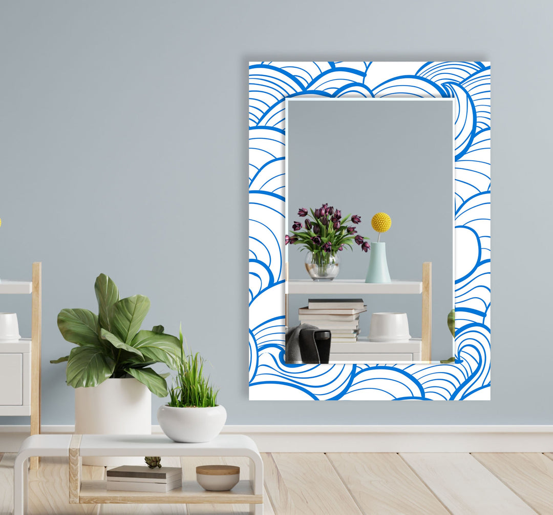 Cartoon Blue Sea Waves Wall Mirror Abstract Mirror
