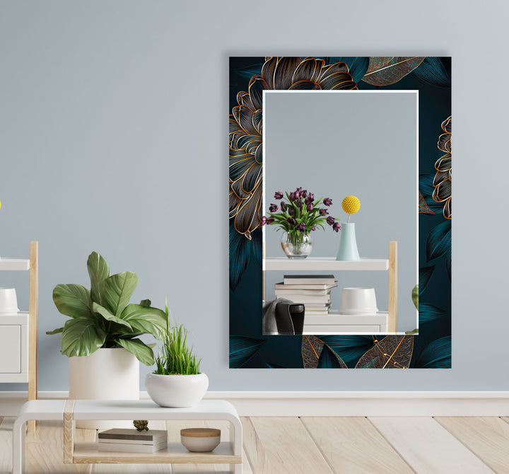 Gold Leaves Green Abstract Wall Mirror white framed mirror
