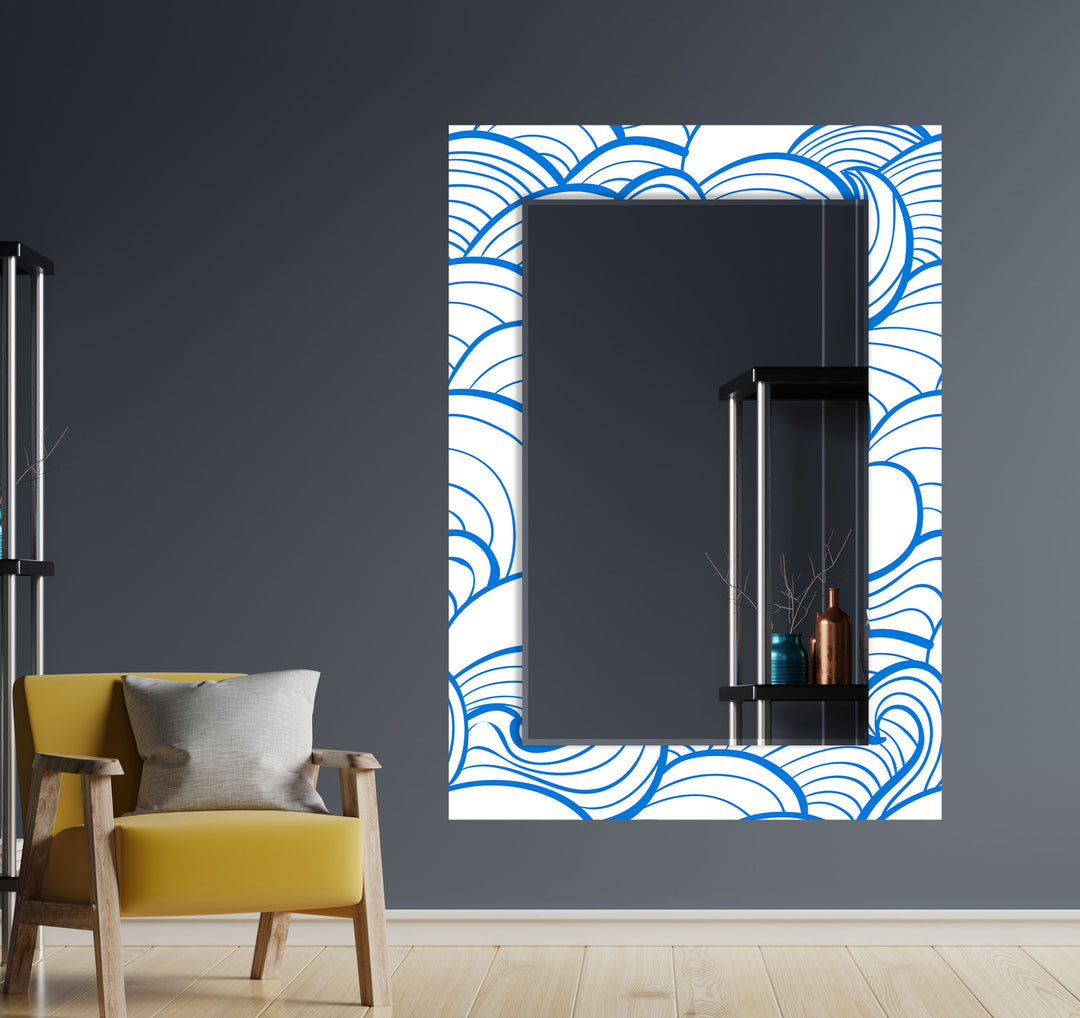 Cartoon Blue Sea Waves Wall Mirror Bathroom Wall Mirror
