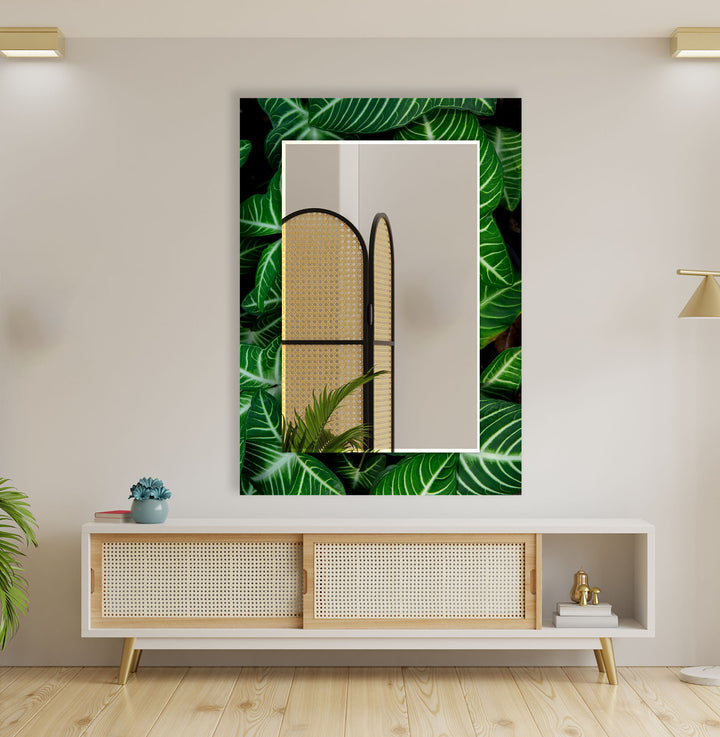 Stained Green Leafs Wall Mirror black frame mirror
