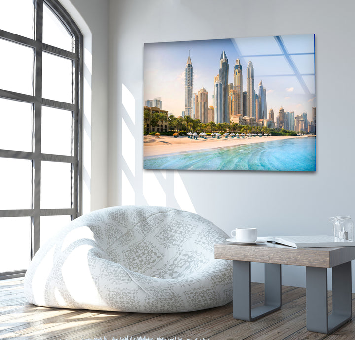 Luxurious Dubai Marina Skyline with Beach Reflections – Glass Print
