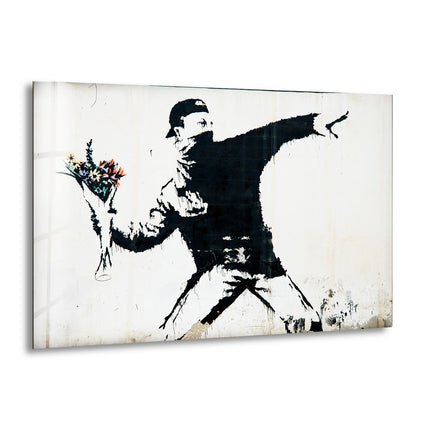 Flower Thrower Banksy Glass Wall Art - Explore Banksy original art for sale and bring the renowned street artist's work into your space. Our collection includes large Banksy wall art, prints, and paintings. Purchase Banksy art and add a bold, artistic touch to your home decor today.