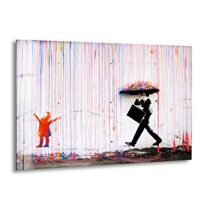 Banksy Umbrella Man Rainbow Rain Tempered Glass Wall Art - Discover Banksy wall art for sale and bring unique, provocative designs into your home. Shop our extensive collection of Banksy art prints, including large Banksy wall art pieces, and make a bold statement with authentic Banksy paintings for sale.