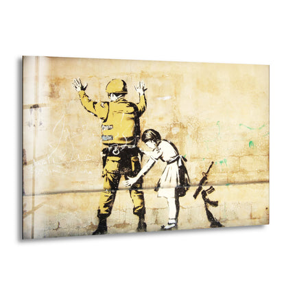 Banksy Girl Frisking Soldier Banksy Artwork for Sale - Artdesigna Glass Printing Wall Arts - Banksy Art for Sale - Buy Banksy art and enhance your space with striking, modern designs. Our Banksy prints for sale include a variety of options, from large wall art to smaller prints. Find Banksy artwork for sale that fits your style and makes a statement in any room.
