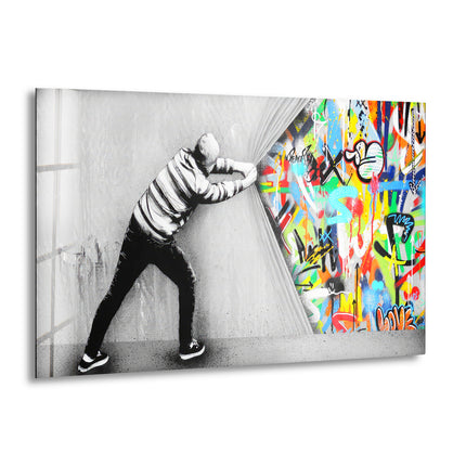 Banksy Behind the Curtain Graffiti Glass Wall Art - Our Banksy art for sale includes a variety of pieces, from famous works to unique interpretations, all meticulously printed on reinforced tempered glass. This medium not only enhances the vivid colors and intricate details of Banksy's work but also ensures durability and longevity. Ideal for both indoor and outdoor use, these pieces are versatile and built to last.