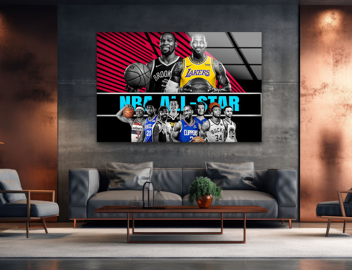 NBA All Star Players Glass Wall Art print picture on glass, Tempered Glass Wall Art
