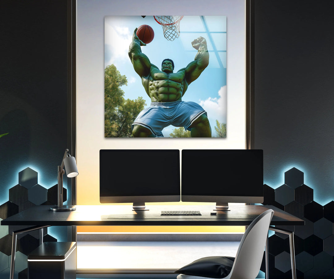 Hulk Playing Basketball Glass Wall Art picture on glass wall art, photos printed on glass
