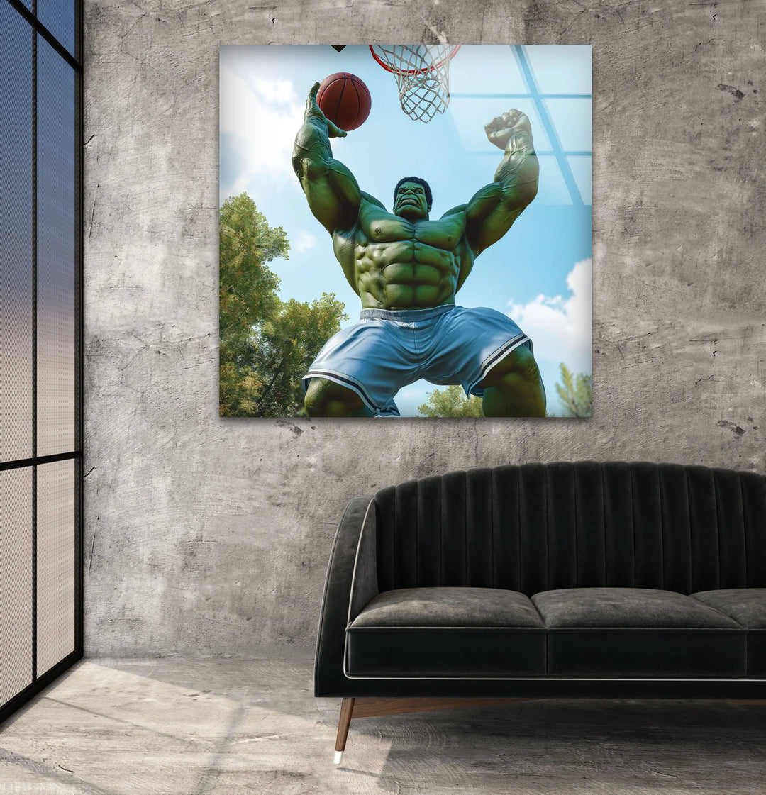 Hulk Playing Basketball Glass Wall Art large glass photo prints, glass wall photos
