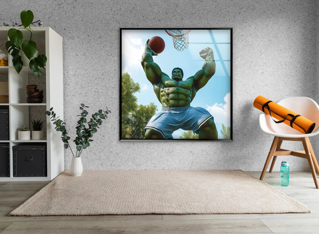 Hulk Playing Basketball Glass Wall Art custom glass photo prints, large glass prints
