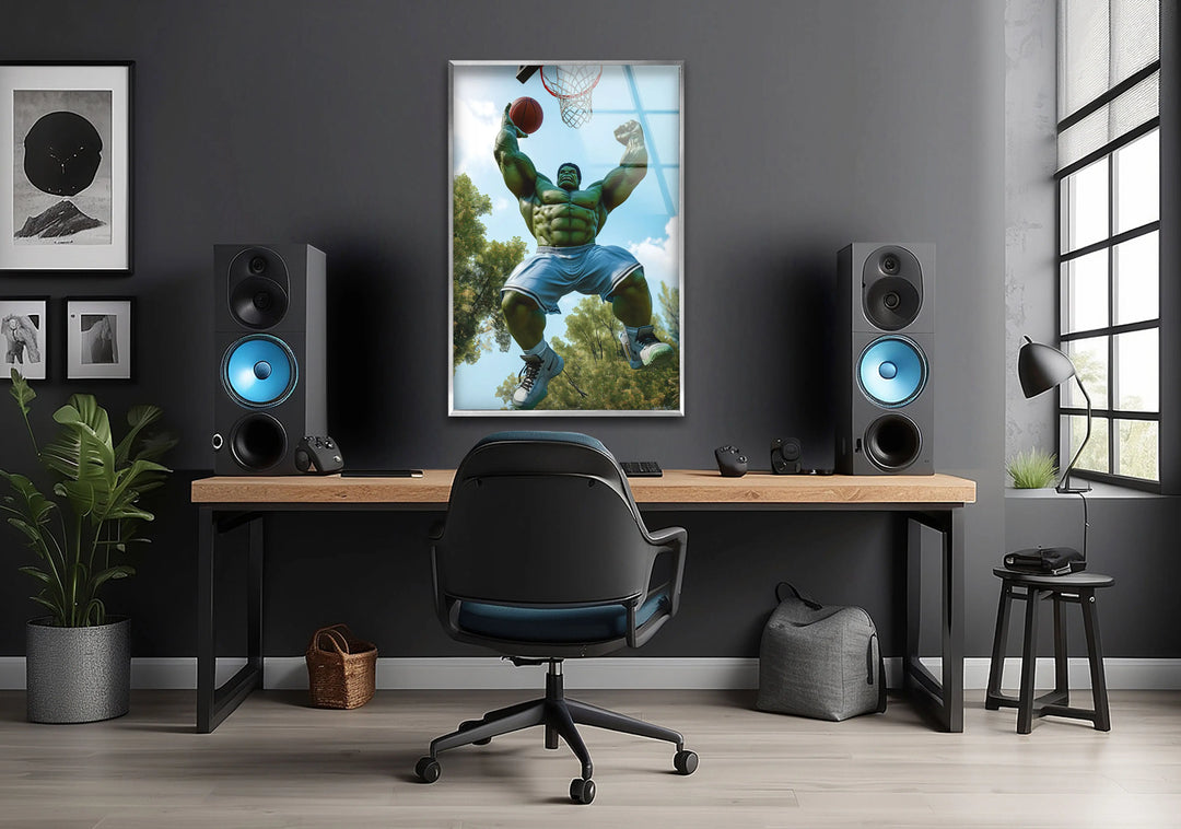 Hulk Playing Basketball Glass Wall Art print on glass, glass printed photos
