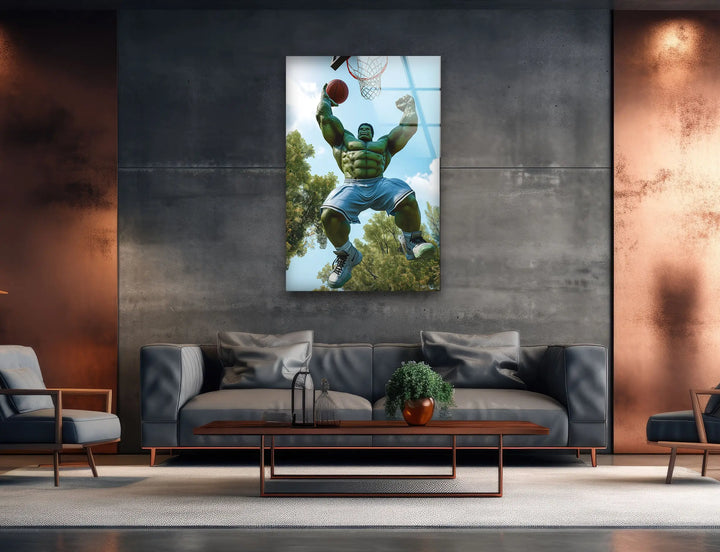 Hulk Playing Basketball Glass Wall Art print picture on glass, Tempered Glass Wall Art
