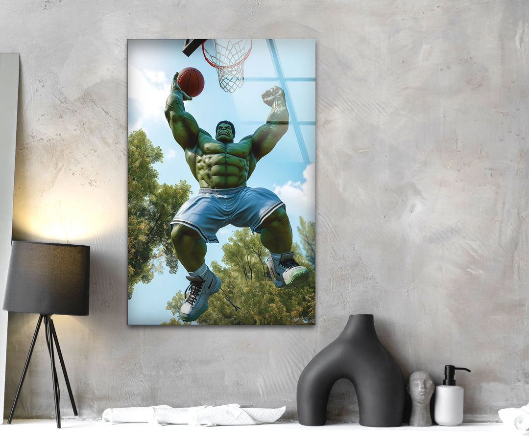 Hulk Playing Basketball Glass Wall Art glass wall decor, glass wall art decor
