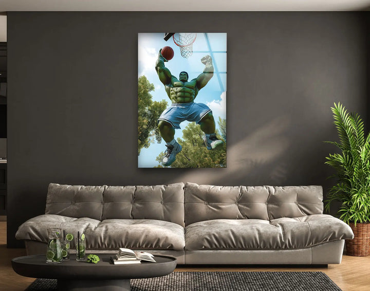 Hulk Playing Basketball Glass Wall Art glass art painting, glass art for the Wall
