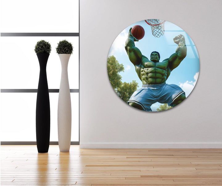 Hulk Playing Basketball Glass Wall Art photo print on glass, prints on glass wall art
