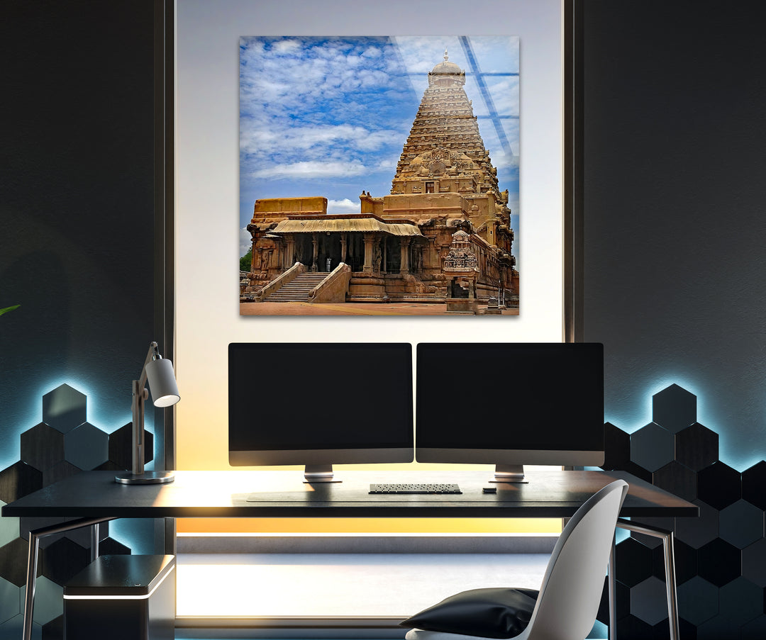 Experience the majestic beauty of Brihadeeswarar Temple through this fine glass print, perfect for any decor.