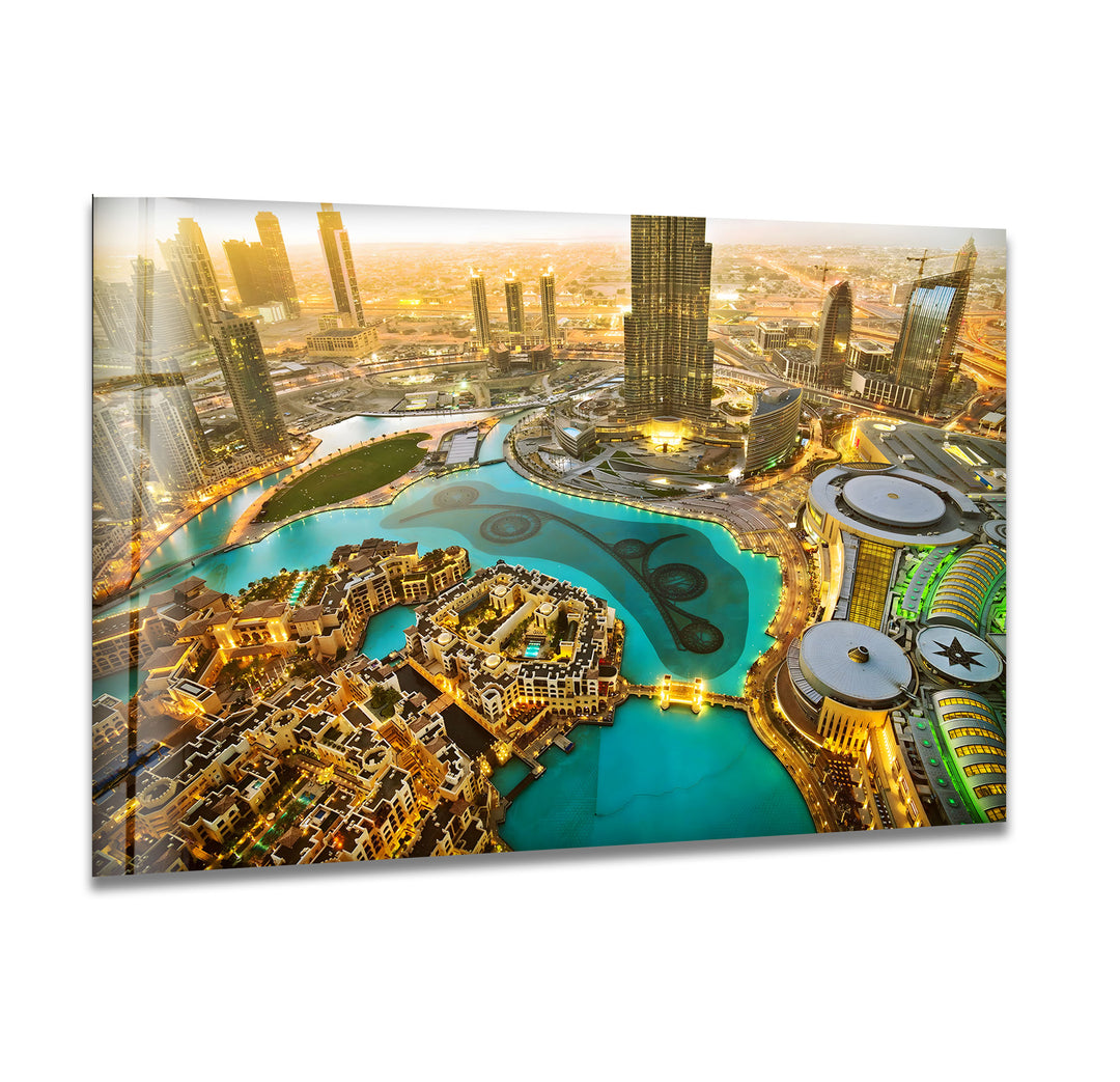 Dubai Skyline at Dusk: Captivating Aerial View on Glass Wall Art
