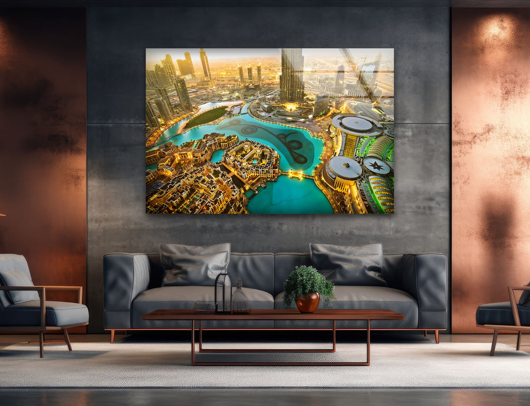 Dubai’s Urban Masterpiece: Aerial View of the City on Glass Wall Art
