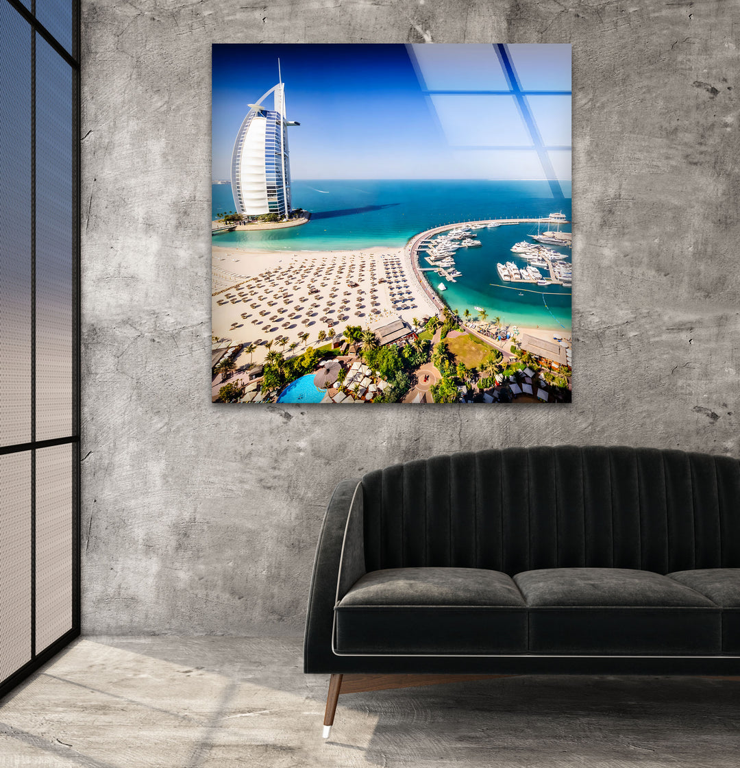 Burj Al Arab and Dubai Marina: Elegant Glass Wall Art Featuring Dubai’s Landmark
